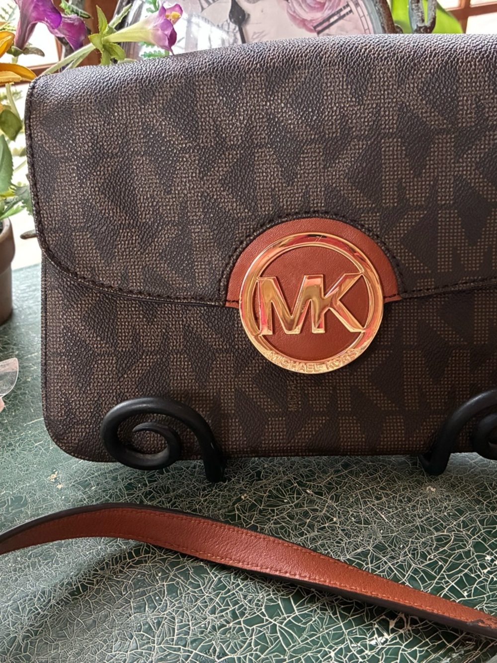Michael Kors Brown and Tan MK Logo Crossbody